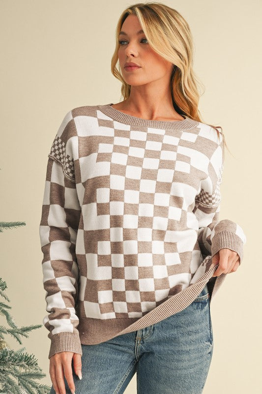 Checkered Drop Shoulder Round Neck Sweater - 1985 the VAULT Boutique