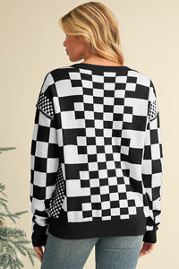 Checkered Drop Shoulder Round Neck Sweater - 1985 the VAULT Boutique