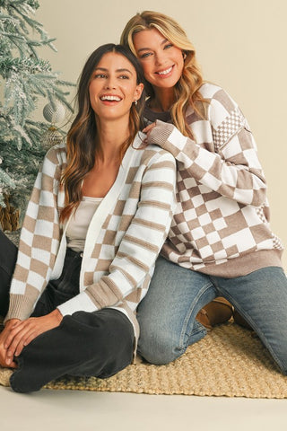 Checkered Drop Shoulder Round Neck Sweater - 1985 the VAULT Boutique