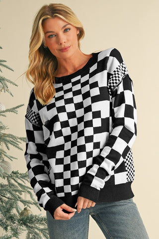 Checkered Drop Shoulder Round Neck Sweater - 1985 the VAULT Boutique