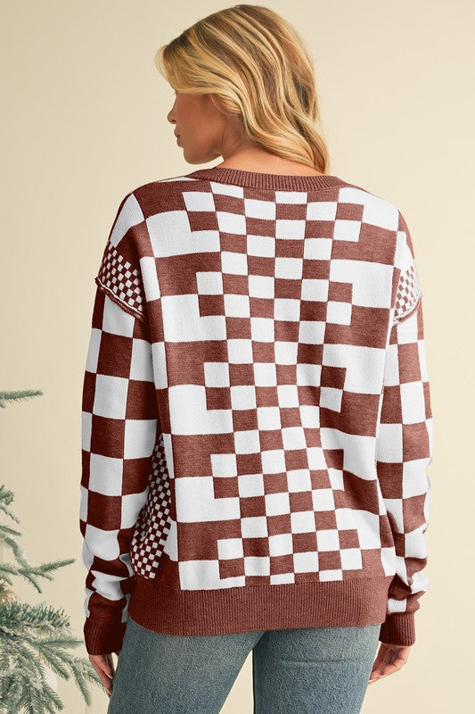 Checkered Drop Shoulder Round Neck Sweater - 1985 the VAULT Boutique