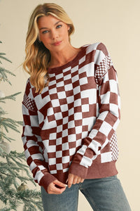 Checkered Drop Shoulder Round Neck Sweater - 1985 the VAULT Boutique