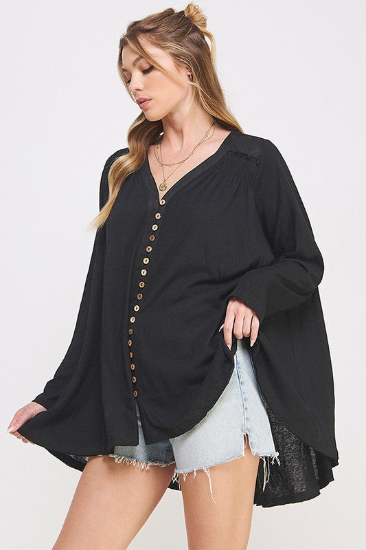 LONG SLEEVE V-NECK OVERSIZED BUTTON DOWN TUNIC - 1985 the VAULT Boutique