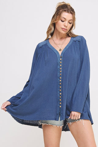 LONG SLEEVE V-NECK OVERSIZED BUTTON DOWN TUNIC - 1985 the VAULT Boutique