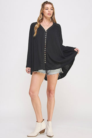 LONG SLEEVE V-NECK OVERSIZED BUTTON DOWN TUNIC - 1985 the VAULT Boutique