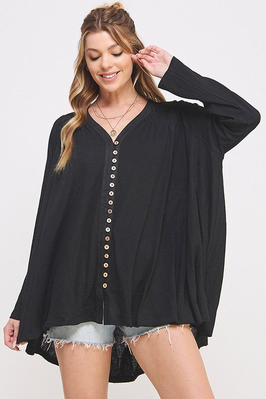 LONG SLEEVE V-NECK OVERSIZED BUTTON DOWN TUNIC - 1985 the VAULT Boutique