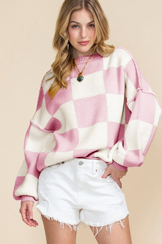 Plaid Exposed Seam Bishop Sleeve Sweater - 1985 the VAULT Boutique