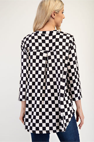 Celeste Full Size Curved Hem Checkered Notched Blouse - 1985 the VAULT Boutique