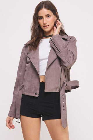 BELTED LONG SLEEVE ZIPPERED SUEDE MOTO JACKET - 1985 the VAULT Boutique