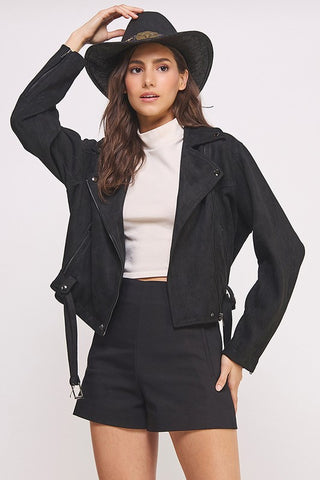 BELTED LONG SLEEVE ZIPPERED SUEDE MOTO JACKET - 1985 the VAULT Boutique