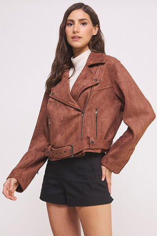 BELTED LONG SLEEVE ZIPPERED SUEDE MOTO JACKET - 1985 the VAULT Boutique