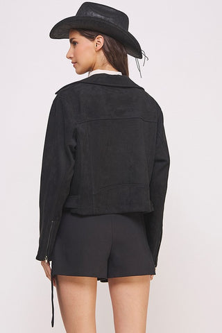 BELTED LONG SLEEVE ZIPPERED SUEDE MOTO JACKET - 1985 the VAULT Boutique