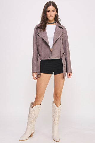 BELTED LONG SLEEVE ZIPPERED SUEDE MOTO JACKET - 1985 the VAULT Boutique