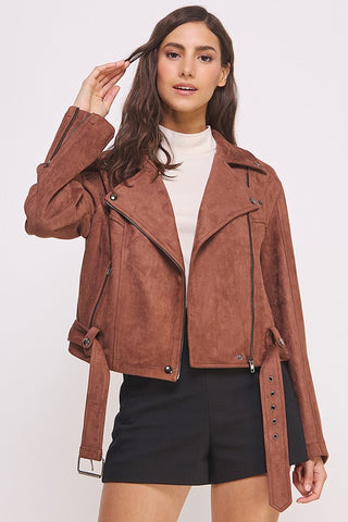 BELTED LONG SLEEVE ZIPPERED SUEDE MOTO JACKET - 1985 the VAULT Boutique