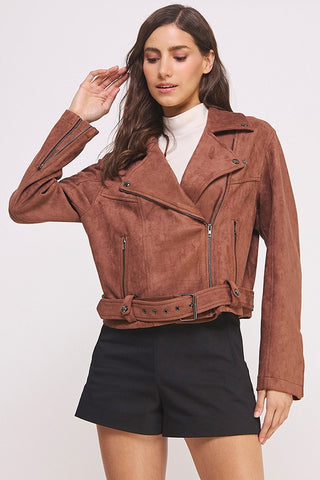 BELTED LONG SLEEVE ZIPPERED SUEDE MOTO JACKET - 1985 the VAULT Boutique