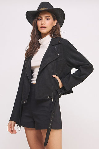 BELTED LONG SLEEVE ZIPPERED SUEDE MOTO JACKET - 1985 the VAULT Boutique