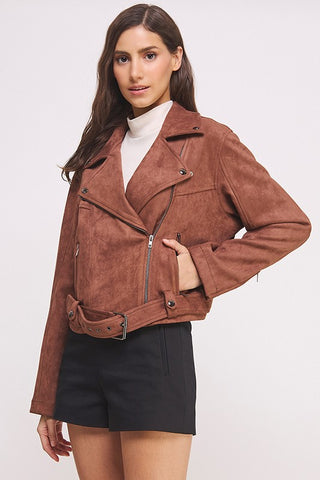 BELTED LONG SLEEVE ZIPPERED SUEDE MOTO JACKET - 1985 the VAULT Boutique