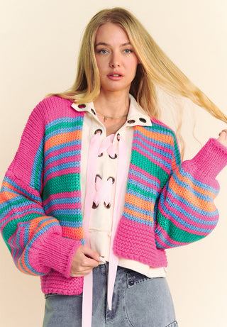 Contrast Striped Open Front Long Sleeve Cardigan - 1985 the VAULT Boutique