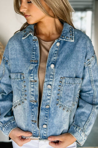 Studded Acid Wash Long Sleeve Denim Jacket - 1985 the VAULT Boutique