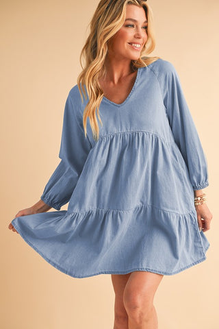 Puff Sleeve Tiered Ruffled Chambray Mini Dress - 1985 the VAULT Boutique