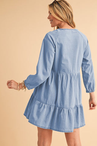 Puff Sleeve Tiered Ruffled Chambray Mini Dress - 1985 the VAULT Boutique