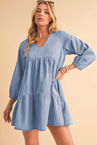 Puff Sleeve Tiered Ruffled Chambray Mini Dress - 1985 the VAULT Boutique