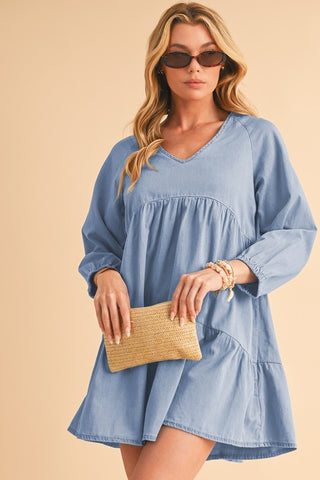 Puff Sleeve Tiered Ruffled Chambray Mini Dress - 1985 the VAULT Boutique