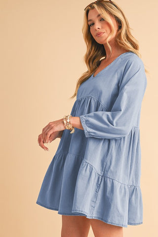 Puff Sleeve Tiered Ruffled Chambray Mini Dress - 1985 the VAULT Boutique