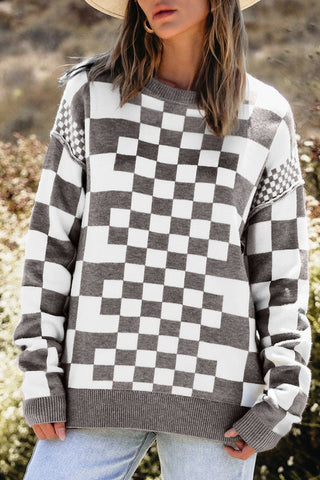 Checkered Drop Shoulder Round Neck Sweater - 1985 the VAULT Boutique