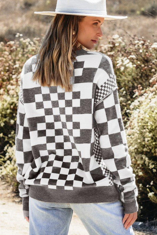 Checkered Drop Shoulder Round Neck Sweater - 1985 the VAULT Boutique