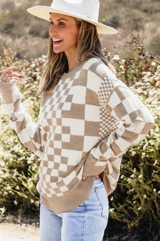 Checkered Drop Shoulder Round Neck Sweater - 1985 the VAULT Boutique