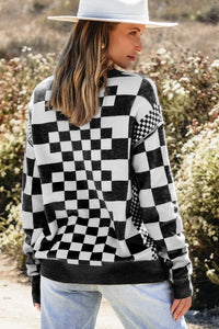 Checkered Drop Shoulder Round Neck Sweater - 1985 the VAULT Boutique