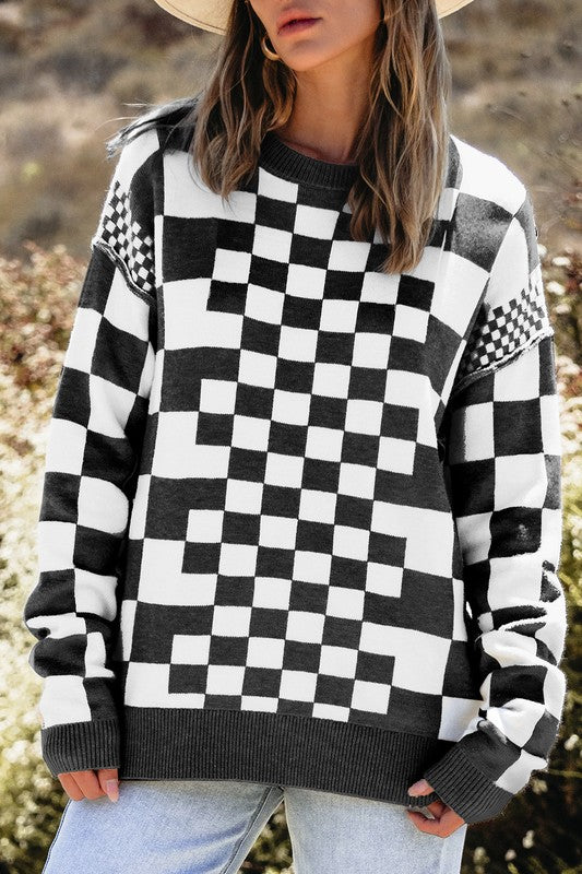 Checkered Drop Shoulder Round Neck Sweater - 1985 the VAULT Boutique