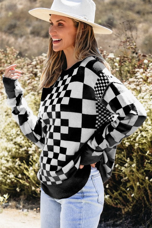 Checkered Drop Shoulder Round Neck Sweater - 1985 the VAULT Boutique