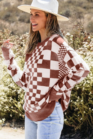 Checkered Drop Shoulder Round Neck Sweater - 1985 the VAULT Boutique