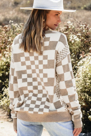 Checkered Drop Shoulder Round Neck Sweater - 1985 the VAULT Boutique