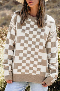 Checkered Drop Shoulder Round Neck Sweater - 1985 the VAULT Boutique