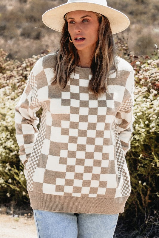 Checkered Drop Shoulder Round Neck Sweater - 1985 the VAULT Boutique