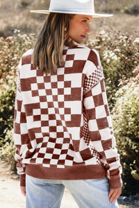 Checkered Drop Shoulder Round Neck Sweater - 1985 the VAULT Boutique