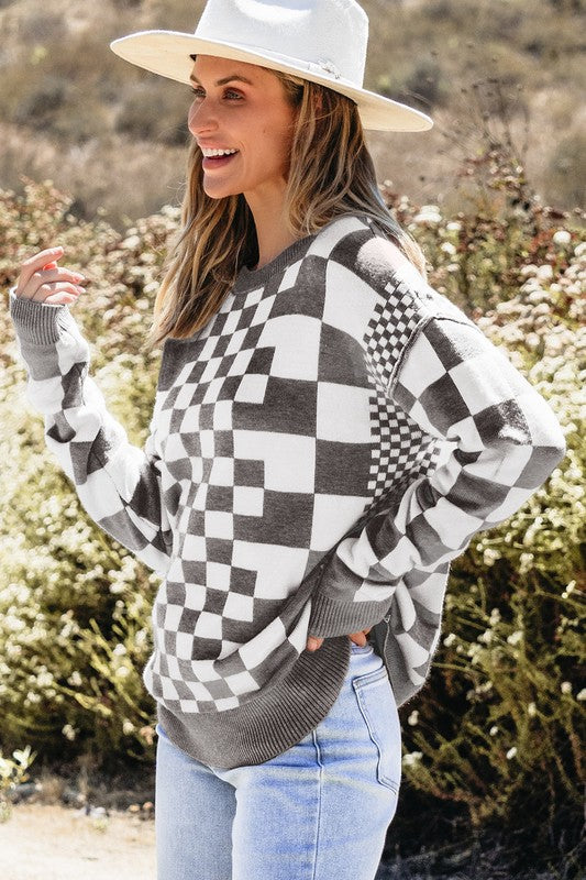 Checkered Drop Shoulder Round Neck Sweater - 1985 the VAULT Boutique