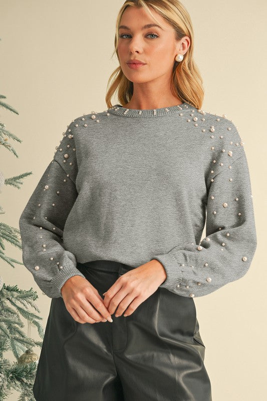 Pearl Drop Shoulder Round Neck Sweater - 1985 the VAULT Boutique