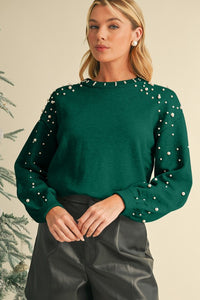 Pearl Drop Shoulder Round Neck Sweater - 1985 the VAULT Boutique