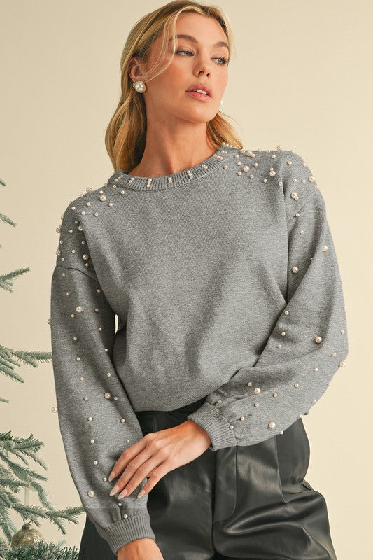 Pearl Drop Shoulder Round Neck Sweater - 1985 the VAULT Boutique