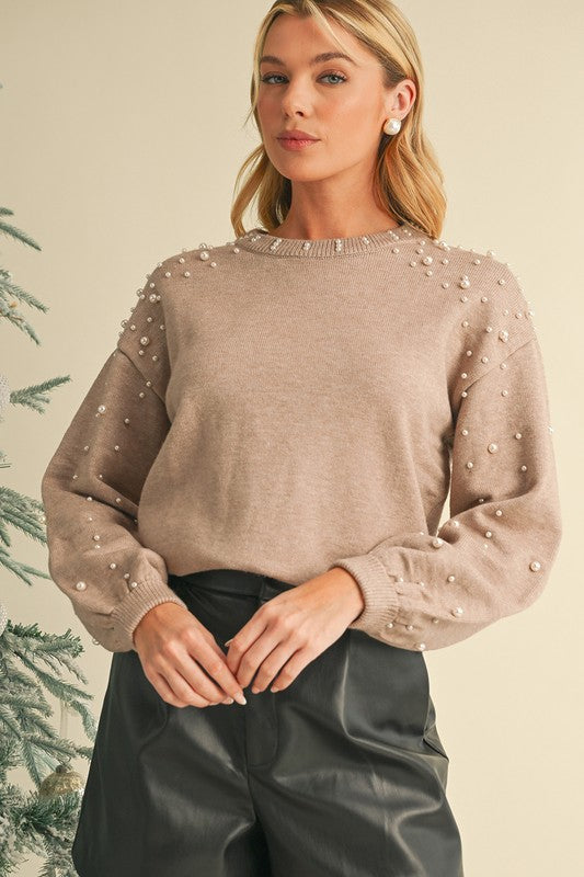 Pearl Drop Shoulder Round Neck Sweater - 1985 the VAULT Boutique