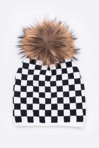 Mix Print Raccoon Fur Pom Iconic Beanie - 1985 the VAULT Boutique