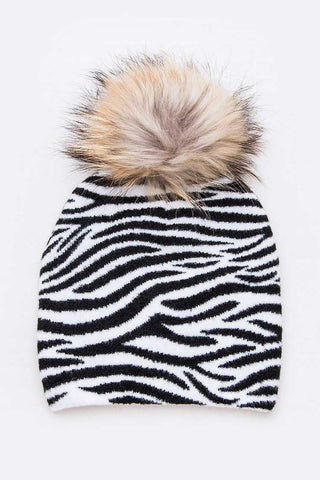 Mix Print Raccoon Fur Pom Iconic Beanie - 1985 the VAULT Boutique