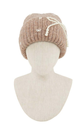 Knitted Beanie Hat with Pearl Ribbon Bow Accent - 1985 the VAULT Boutique