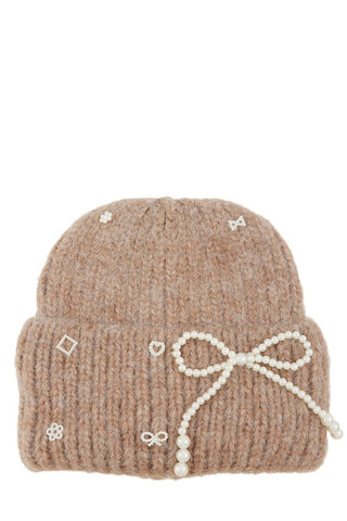 Knitted Beanie Hat with Pearl Ribbon Bow Accent - 1985 the VAULT Boutique