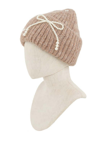 Knitted Beanie Hat with Pearl Ribbon Bow Accent - 1985 the VAULT Boutique