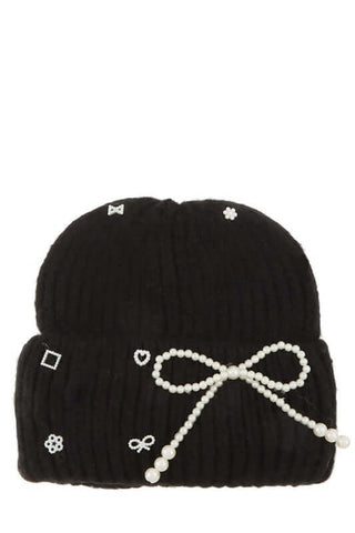 Knitted Beanie Hat with Pearl Ribbon Bow Accent - 1985 the VAULT Boutique